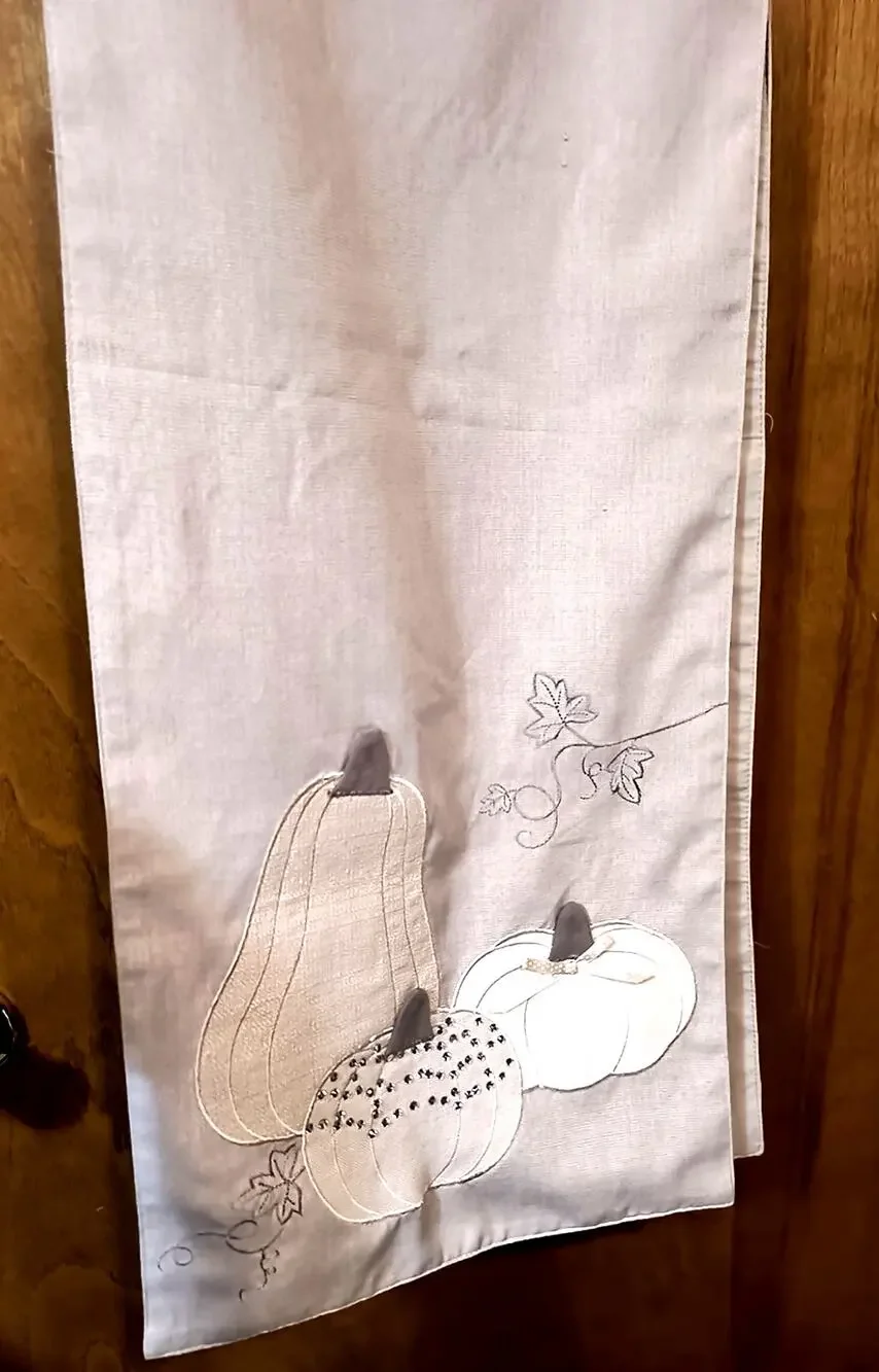 2102. Gray Tan Fall Pumpkin Table Runner Linens by Witch Crafters 6 Feet